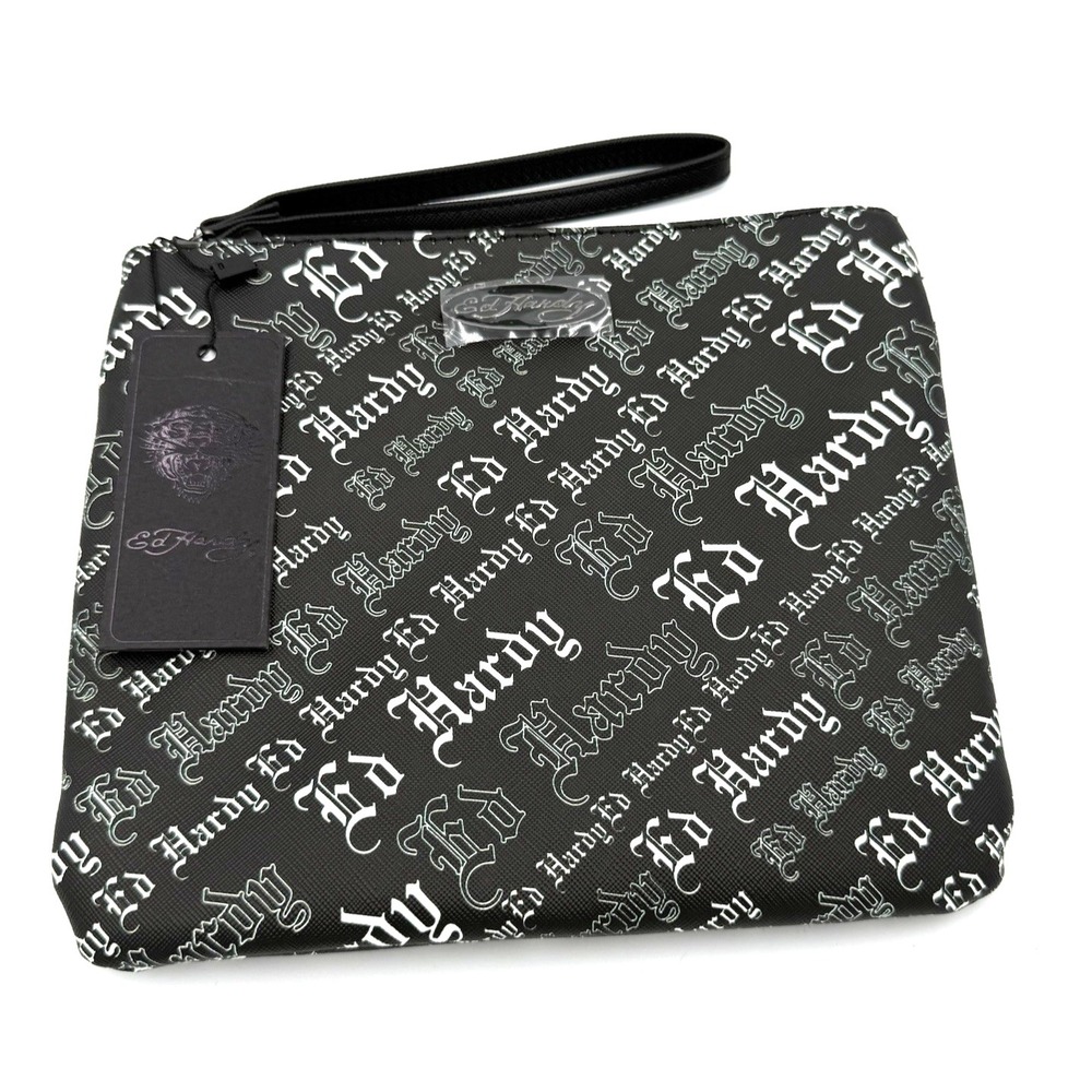 Ed Hardy Logo Signature Wristlet Wallet Bag Black Y2K Black White Gothic‎ NWT